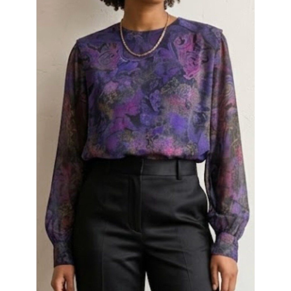 Vintage Petites by Willi Sheer Paisley Floral Blouse Purple Smocked Waist SZ XL